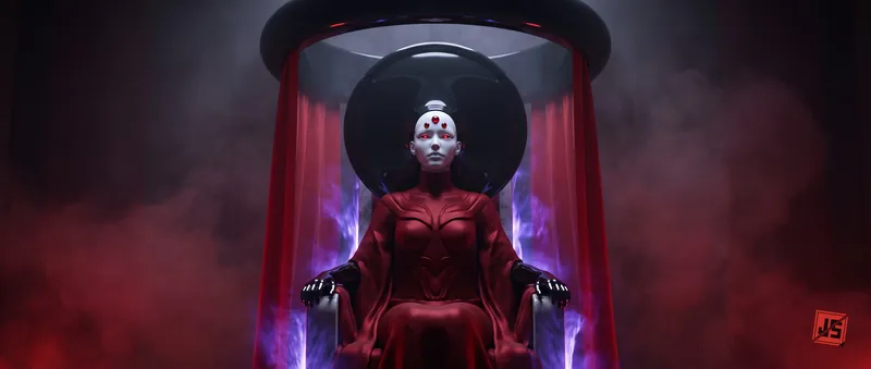 The Empress seated in her life-support dock, red gown flowing, violet glow behind the glass crown.