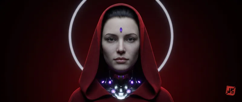 The Scarlet Envoy under a red hood, white halo ring behind, chrome vocal rig at the throat.