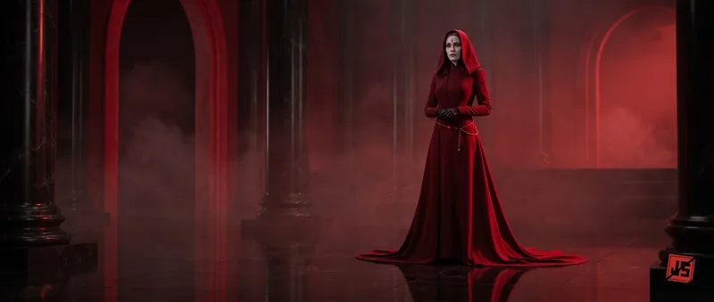 The Envoy standing alone in a red gown on a dark mirrored floor, mist rolling in.