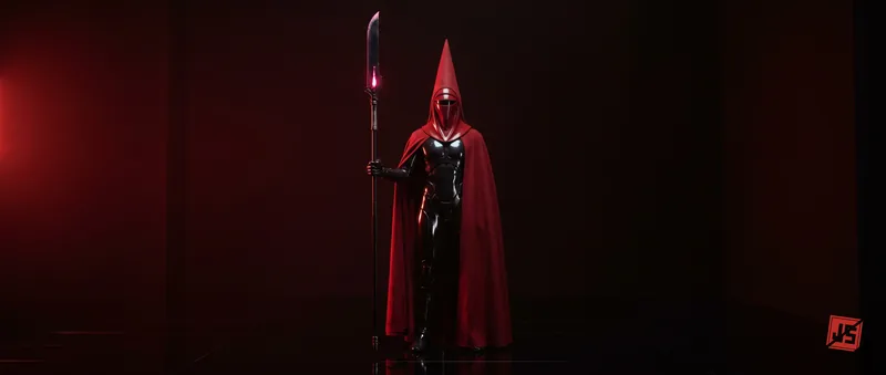 A Throne Sentinel at rest: red conical hood, black body, ceremonial poleblade held vertical.