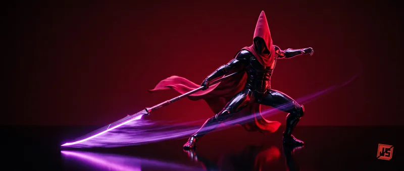 A Sentinel mid-strike, cape flaring, poleblade trailing a magenta light arc across the floor.