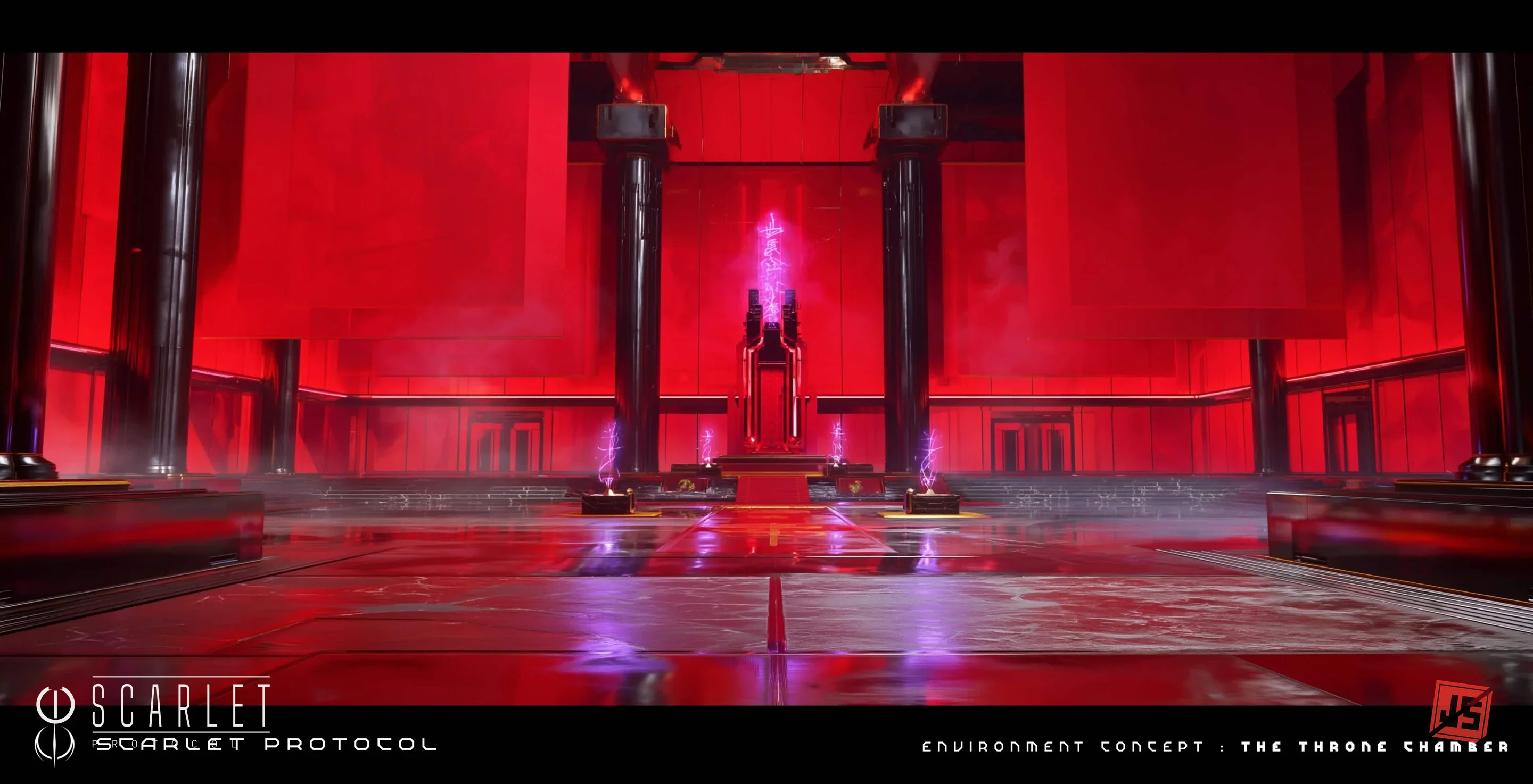 The Throne Chamber head-on: black columns, crimson walls, a mirrored floor, and the empty throne glowing violet at the centre.