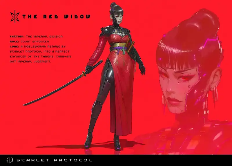 Character sheet for the Red Widow, a sword-bearing court enforcer in red and black, with a close-up portrait inset.