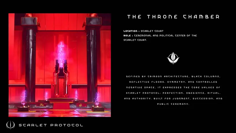 Location sheet for the Throne Chamber pairing a throne room render with descriptive text on a black panel.