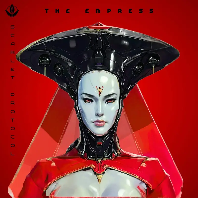 Front-facing portrait of the Empress, a pale android woman in a wide black headdress and red gown against a red background.