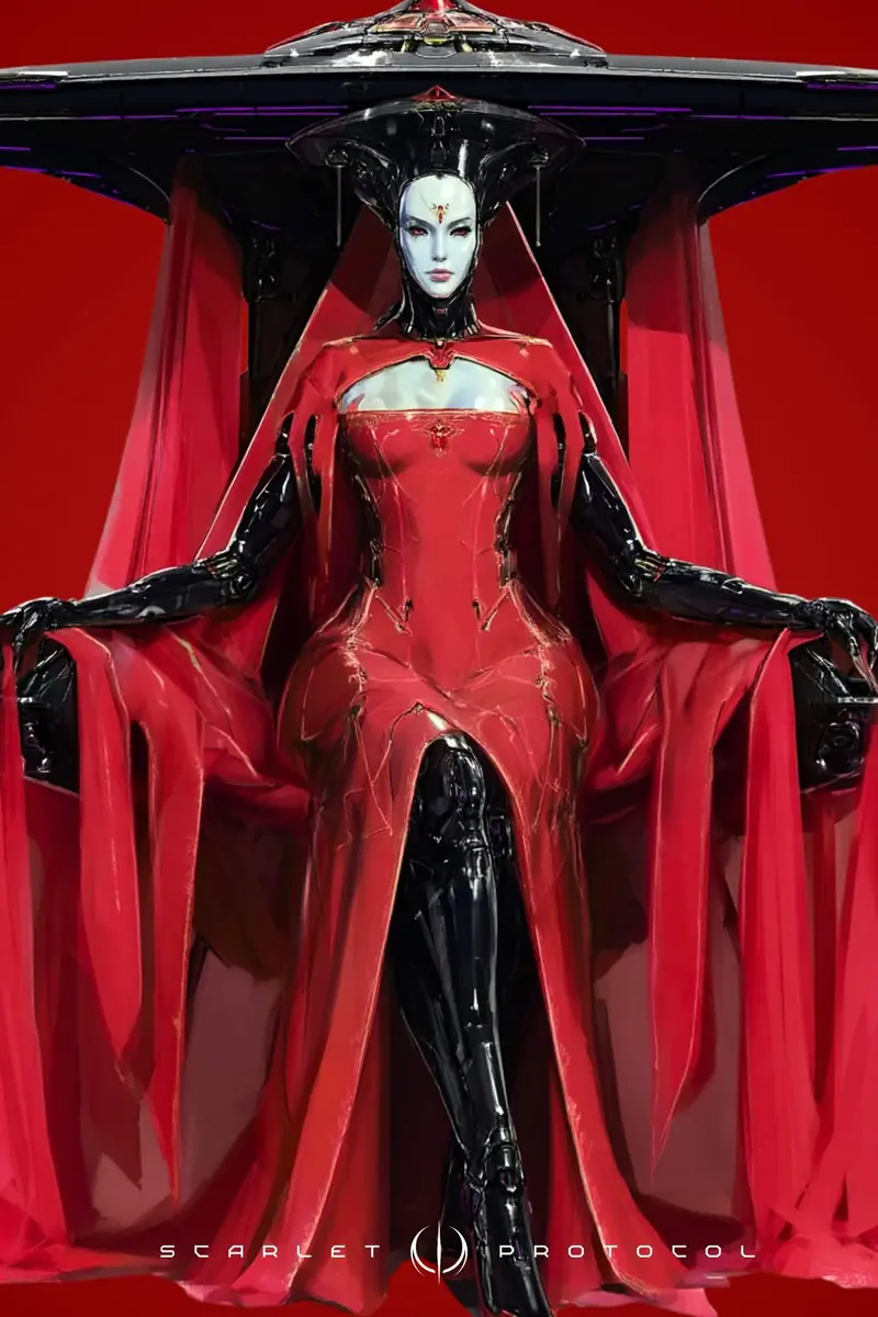 Full-length view of the Empress seated on her throne, red draped gown and black cybernetic arms resting on the armrests.