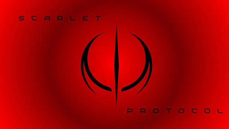 Black crescent emblem and Scarlet Protocol wordmark centered on a deep red background.