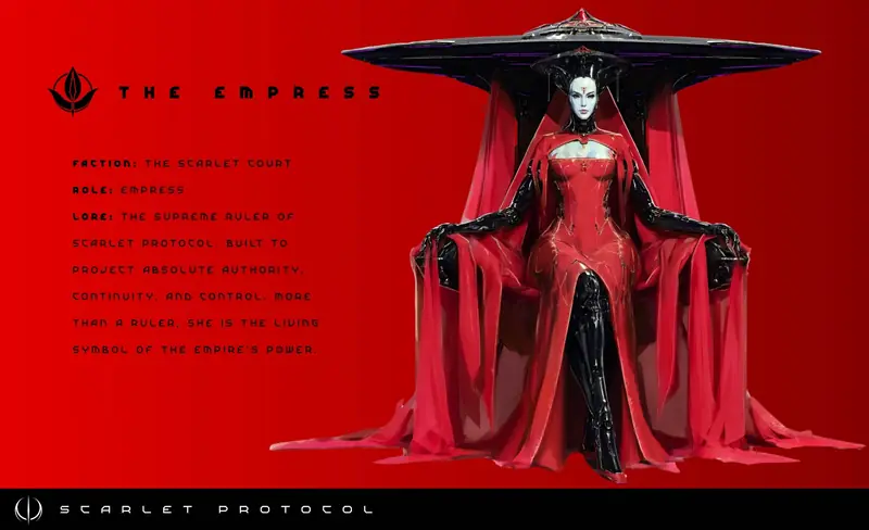 Character sheet for the Empress pairing faction, role, and lore text with her enthroned figure on a red background.