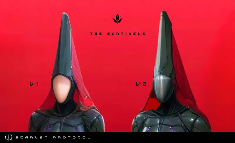 Two Throne Sentinel helmet variants, labeled V-1 and V-2, shown side by side in dark pointed hoods.