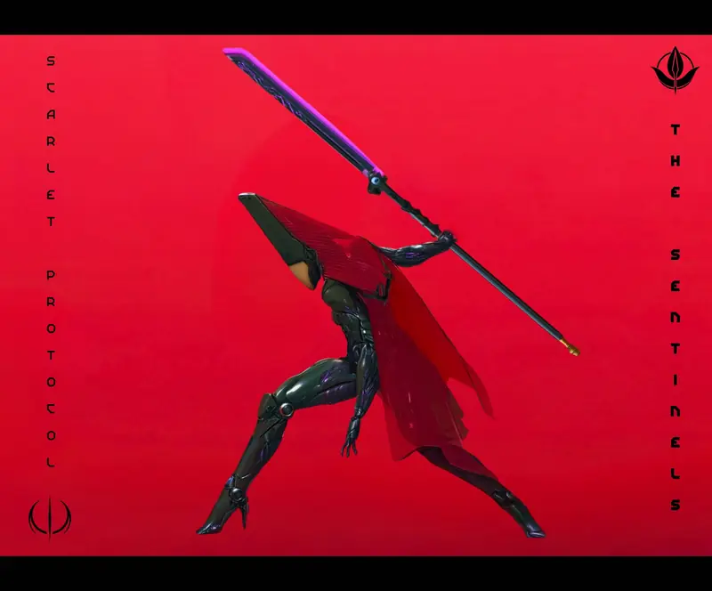 A Throne Sentinel in a hooded red cloak lunges in profile wielding a long poleblade against a red background.