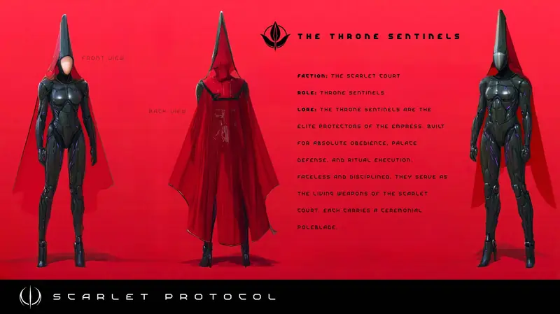 Character sheet for the Throne Sentinels with front and back views of the hooded black bodysuit design and lore text.