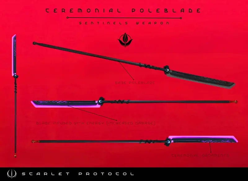 Weapon sheet showing three annotated views of the Sentinels' ceremonial poleblade on a red background.