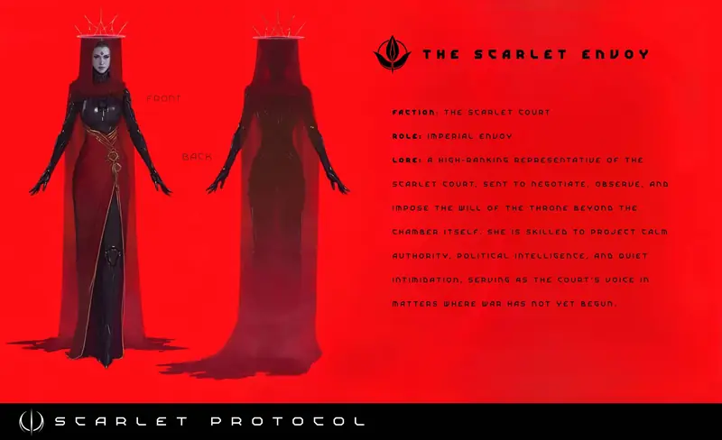 Character sheet for the Scarlet Envoy showing front and back views of her veiled red-and-black gown beside lore text.