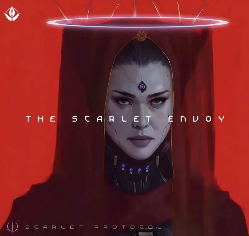 Close-up portrait of the Scarlet Envoy, a veiled woman with a glowing halo ring above her head, on a red background.