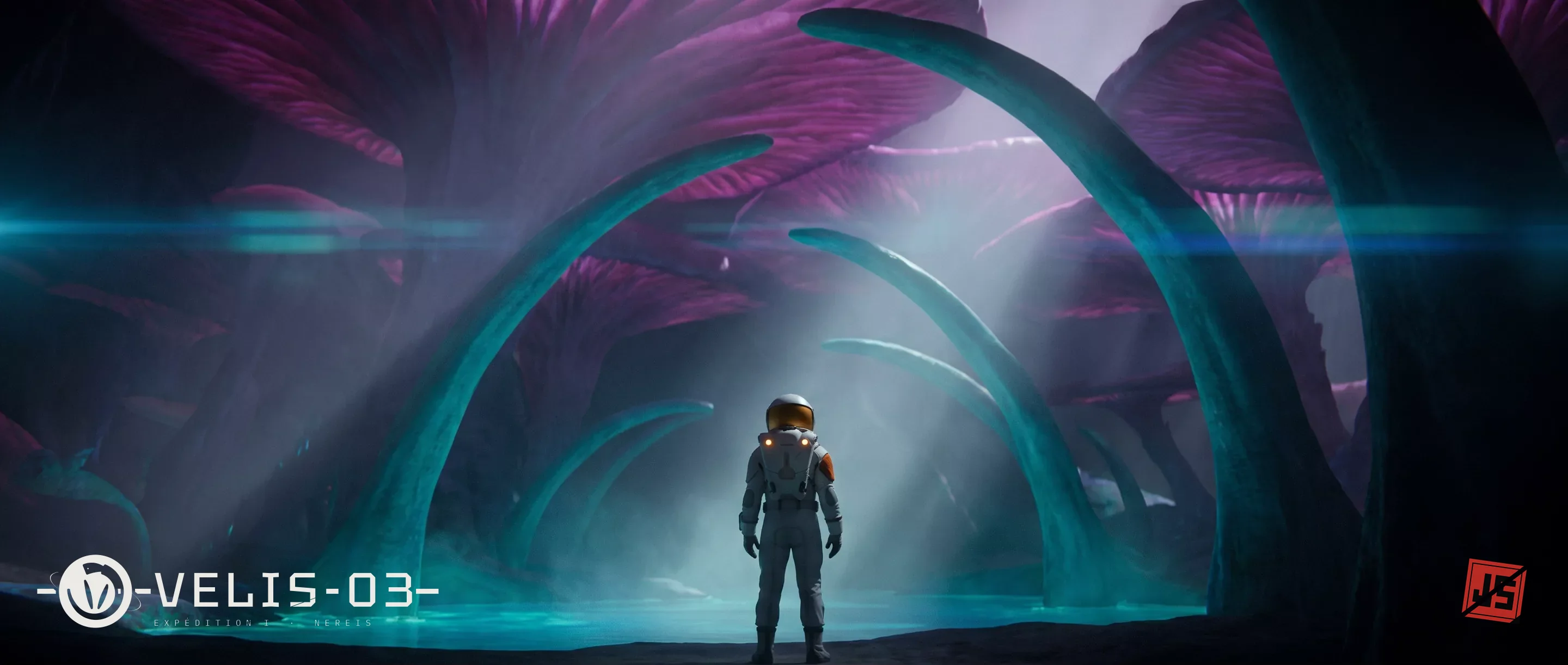 The explorer stands small on dark ground under arching turquoise-lit roots, vast magenta canopies closing overhead and light falling through the mist.