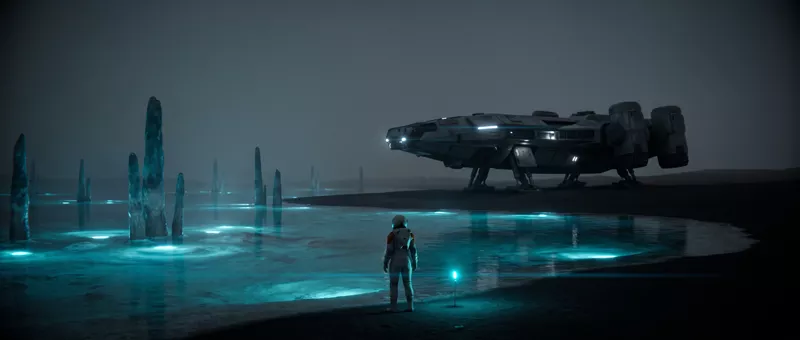 The expedition ship down on a dark shore, the explorer small in front of glowing turquoise pools and rock pillars.