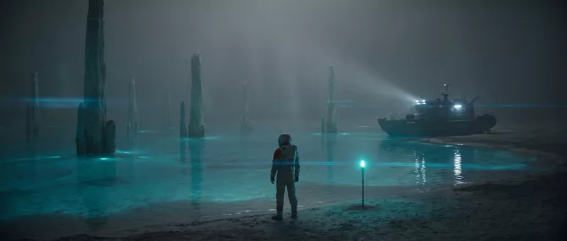 A sea vessel grounded on the shore at night, its searchlight sweeping the mist, the astronaut standing small in the glowing shallows among stone spires