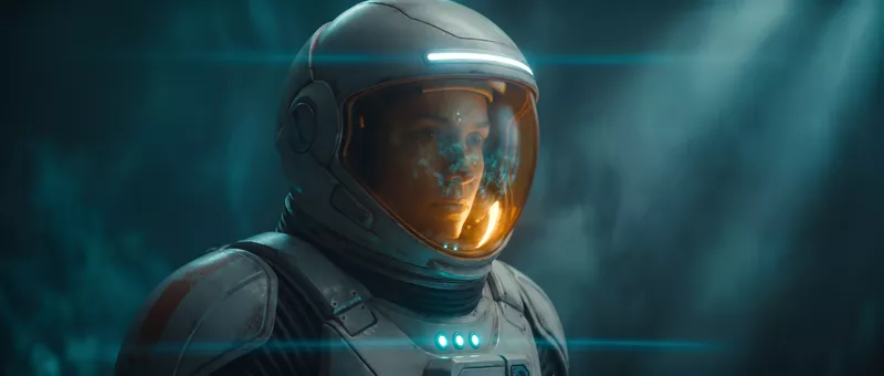 Close portrait of the explorer, her face lit amber behind the visor, turquoise light rays crossing the dark behind her.