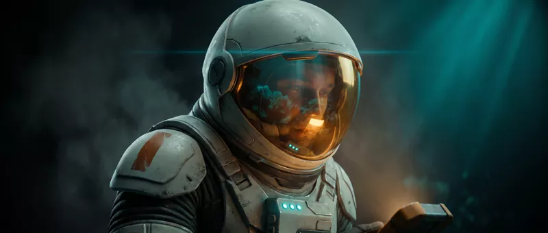 Close on a spacesuit in the dark, a bearded man’s face reflected in the gold visor, a handheld light glowing at the bottom of frame