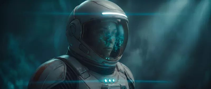 The same portrait under cold turquoise light, the visor carrying a green reflection of the forest.