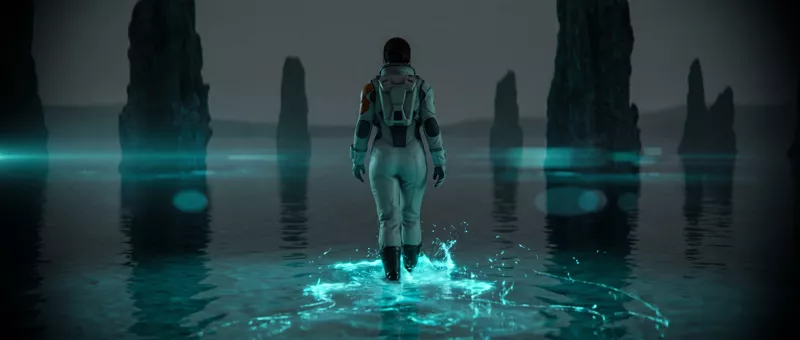 The explorer seen from behind, wading into shallow water between dark rock pillars, turquoise light blooming at her boots.