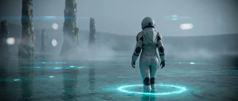The astronaut seen from behind, walking in flat water among stone spires, a glowing turquoise ring closed cleanly around her legs