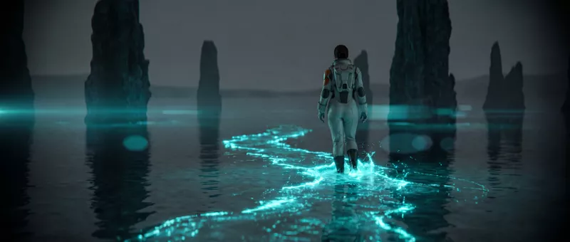 The same crossing further on, a long luminous trail winding back across the water behind her.