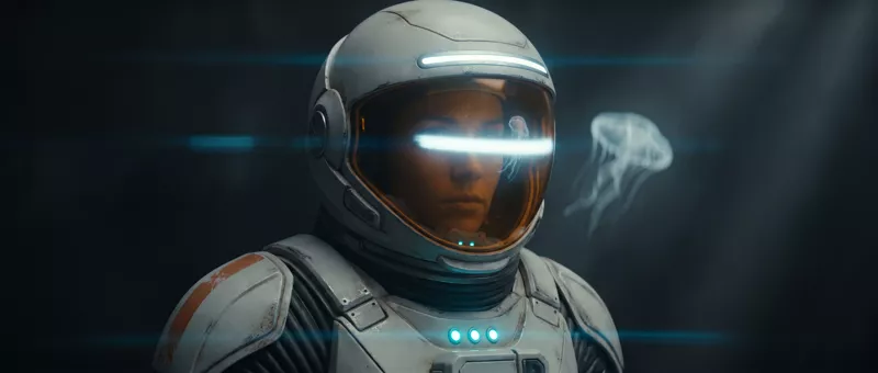The helmet lamp lights the explorer’s face as a translucent bell-shaped creature drifts past her shoulder.