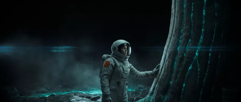 The explorer stands in the dark against a huge braided trunk veined with turquoise, her gloved hand flat on it.