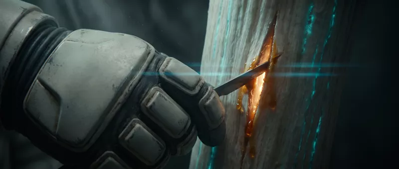 Extreme close-up of a blade opening the pale bark, the wound glowing amber between turquoise veins.