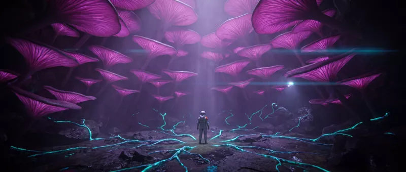 The explorer alone on veined ground under a ceiling of magenta fan canopies, a shaft of light behind her.