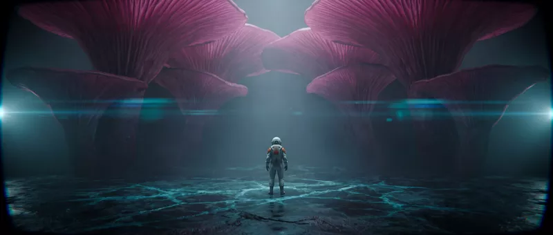 The astronaut standing at the centre of a dark clearing, six wide magenta caps arching over her, cyan cracks lit across the ground