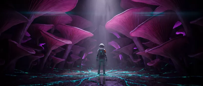 The astronaut seen from behind in a corridor of tall magenta caps, a shaft of light falling on her, cyan filaments running along the wet ground to her feet