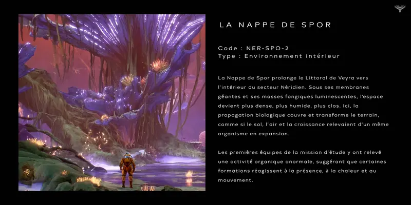 Black datasheet for La Nappe de Spor (code NER-SPO-2) with French descriptive text beside an image of the luminescent fungal biome.