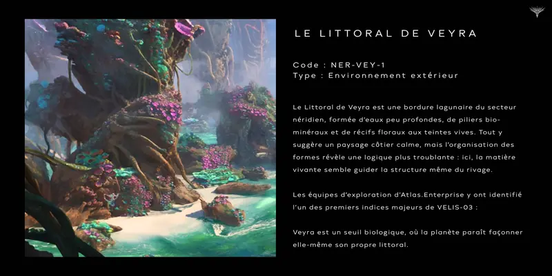 Black datasheet for Le Littoral de Veyra (code NER-VEY-1) with French descriptive text beside an image of the coral-covered coastline.