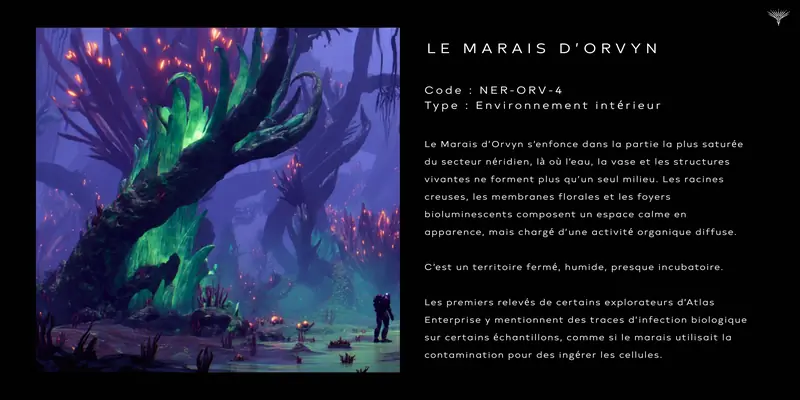 Black datasheet for Le Marais d’Orvyn (code NER-ORV-4) with French descriptive text beside an image of the bioluminescent swamp.