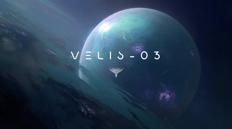 Title card for VELIS-03: a teal and violet planet in deep space behind the expedition wordmark and emblem.