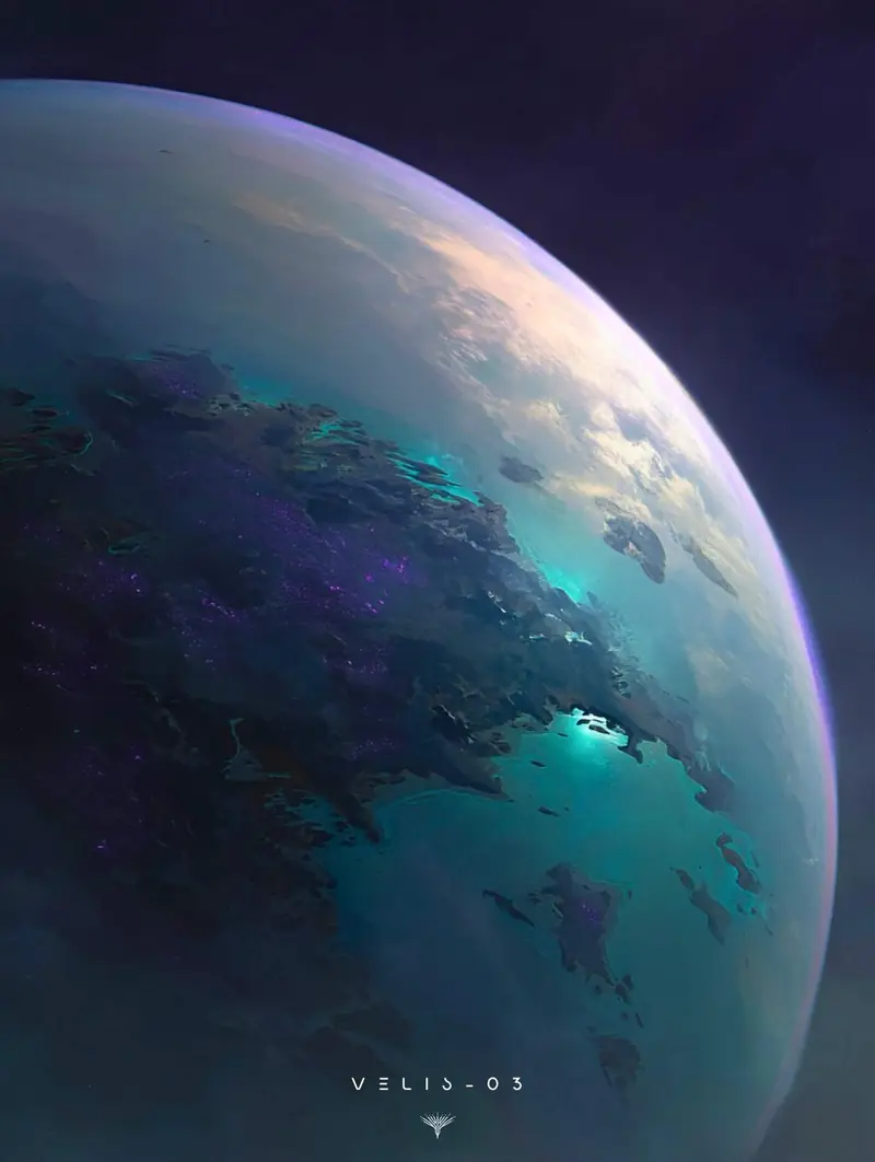 Portrait orbital view of VELIS-03, dark landmasses veined with violet growth around glowing turquoise lagoons.