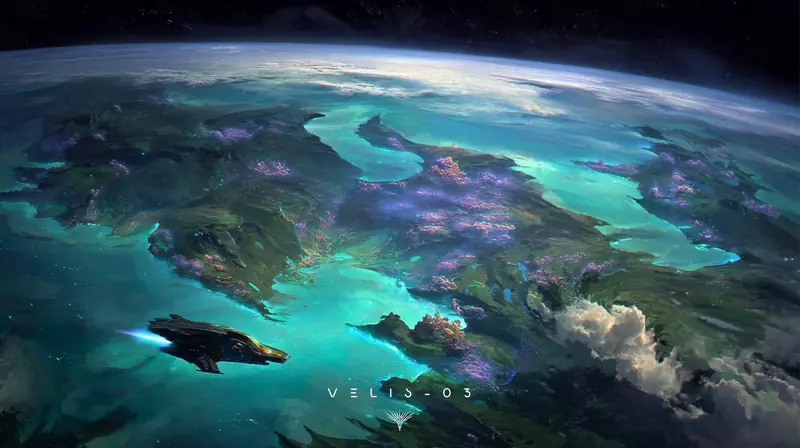 Low-orbit view of VELIS-03 with a small expedition ship flying above turquoise shallows and violet-flecked landmasses.