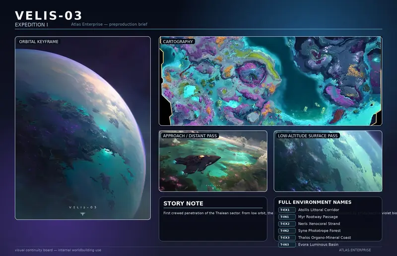 Expedition I board for VELIS-03: orbital keyframe, planetary cartography, descent and low-orbit approaches, story note and the full list of environment names.
