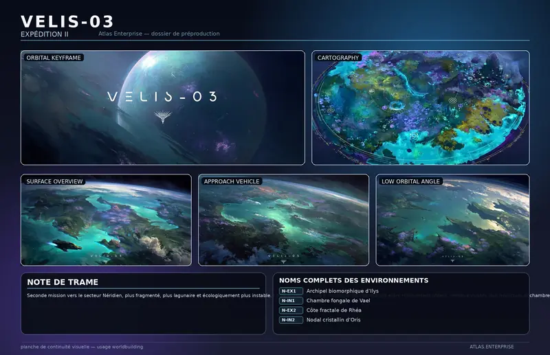 Expedition II board for VELIS-03 in French: surface overview, vehicle approach, low-orbit angle, plot note and complete environment names.