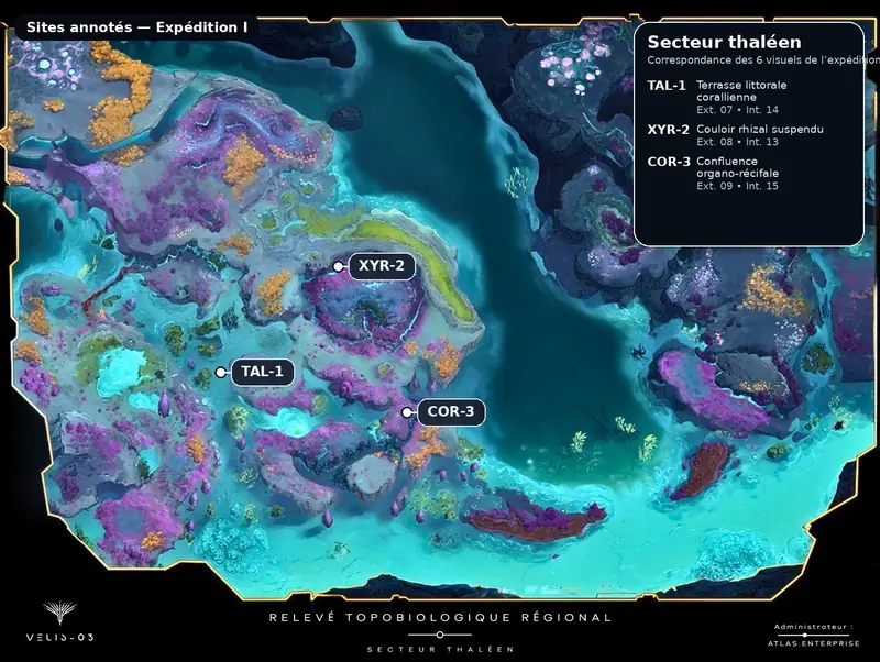 Regional topobiological survey of the Thalean sector: turquoise lagoons and violet growth with three annotated sites — TAL-1, XYR-2 and COR-3.