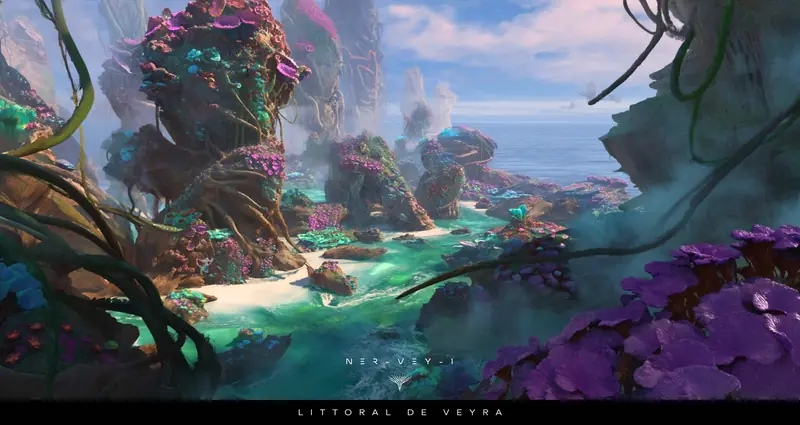 Coastal lagoon bordered by rock pillars covered in pink and purple reef-like flora, captioned Littoral de Veyra (NER-VEY-1).