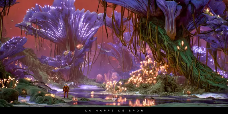 A lone explorer in an orange suit stands by a glowing pool beneath giant luminescent fungal canopies, captioned La Nappe de Spor.