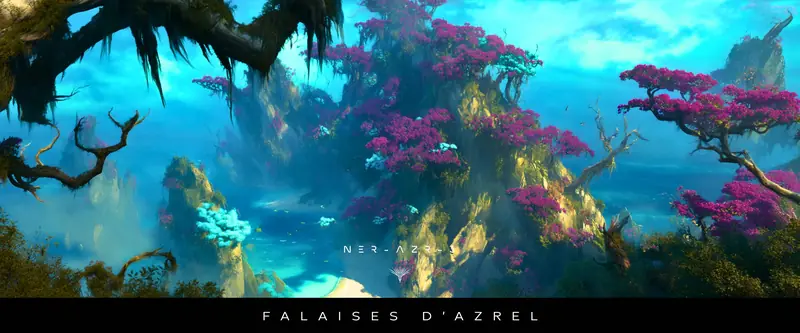 Mist-filled turquoise basin overlooked by cliffs crowned with magenta canopies, captioned Falaises d’Azrel (NER-AZR-3).
