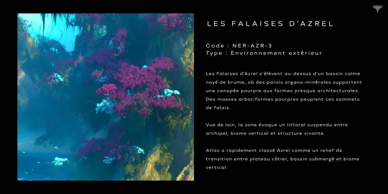 Black datasheet for Les Falaises d’Azrel (code NER-AZR-3) with French descriptive text beside an image of magenta-covered cliffs.