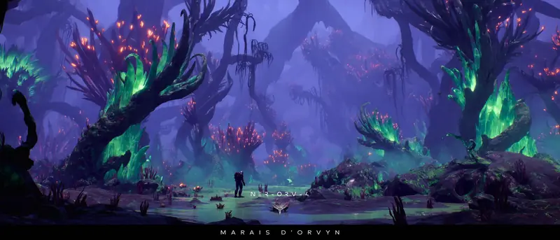 A small explorer crosses a violet swamp of twisted trees and green bioluminescent growths, captioned Marais d’Orvyn (NER-ORV-4).