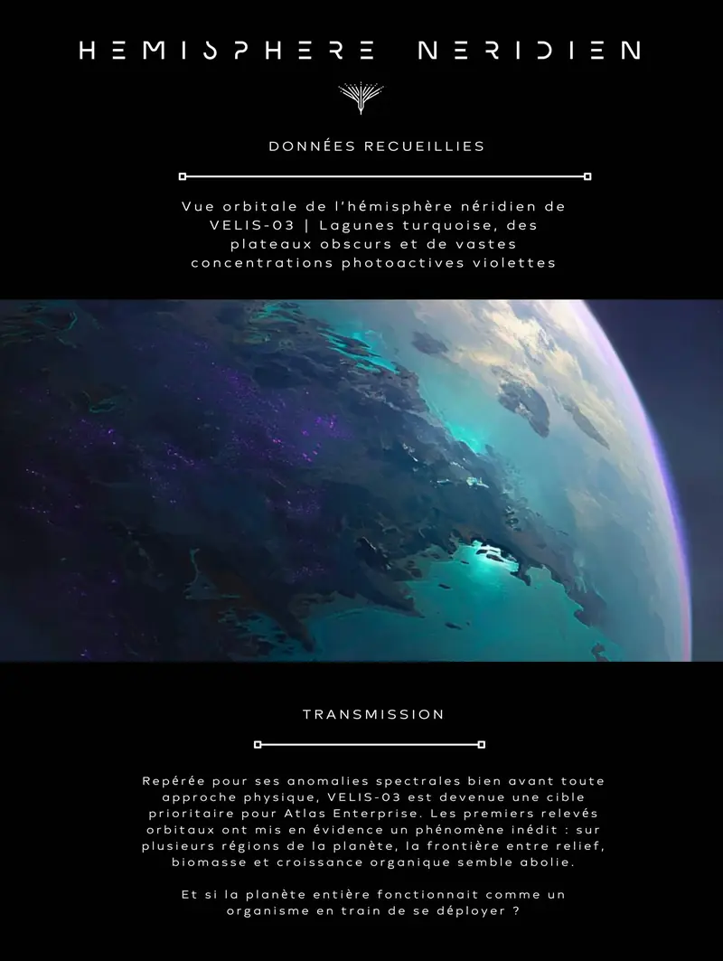 Report plate titled Hemisphere Neridien combining an orbital image of VELIS-03 with French mission-log text blocks.