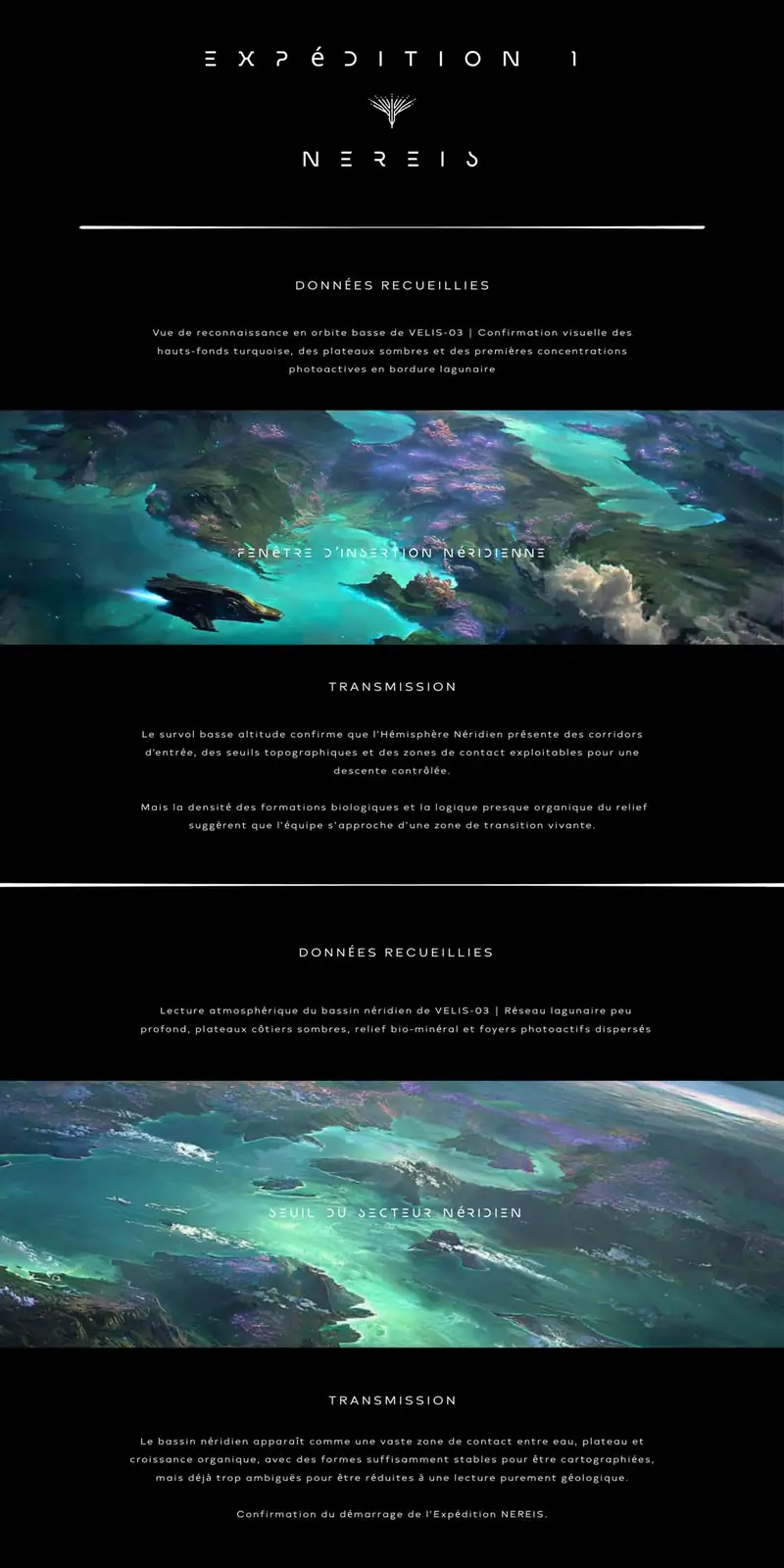 Tall mission plate for Expedition 1 Nereis pairing two low-orbit reconnaissance images with French log entries.
