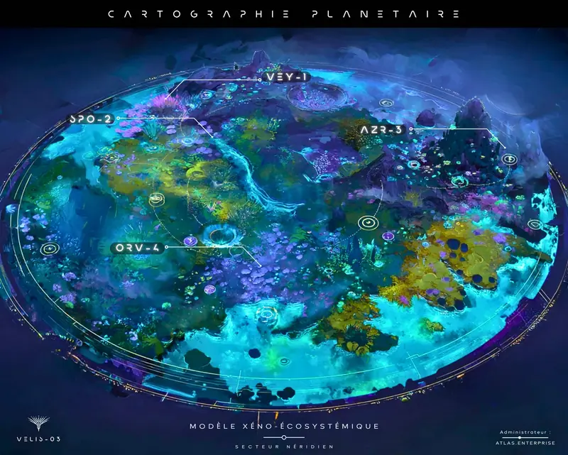 Annotated planetary map of VELIS-03 labelling the four biome zones VEY-1, SPO-2, AZR-3 and ORV-4 over a turquoise and violet disc.